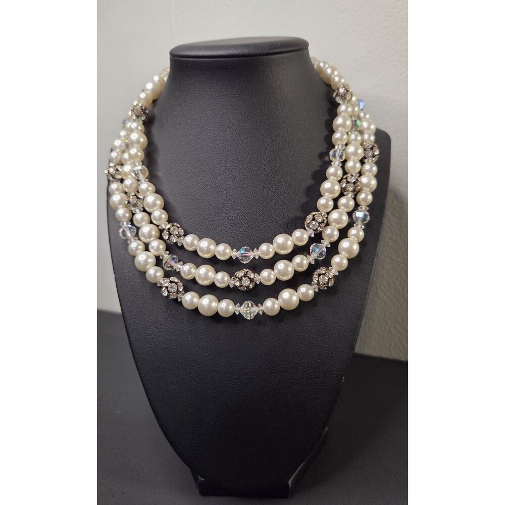 White Rhinestone and Faceted Clear Bead Triple Strand Necklace
